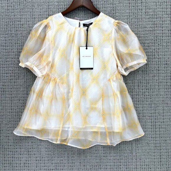 En Saison Blouse Womens Size S Yellow Cream Plaid Pullover Chiffon Puff Sleeve - Picture 1 of 10